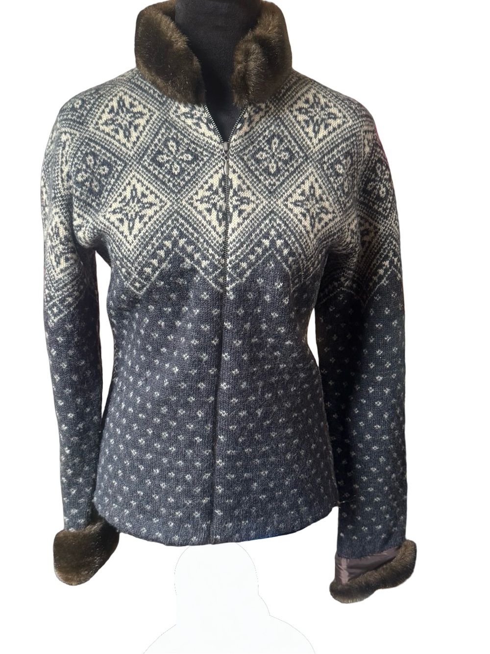 Lauren Ralph Lauren Fair Isle Wool Sweater Jacket Faux Fur Trim Size Medium